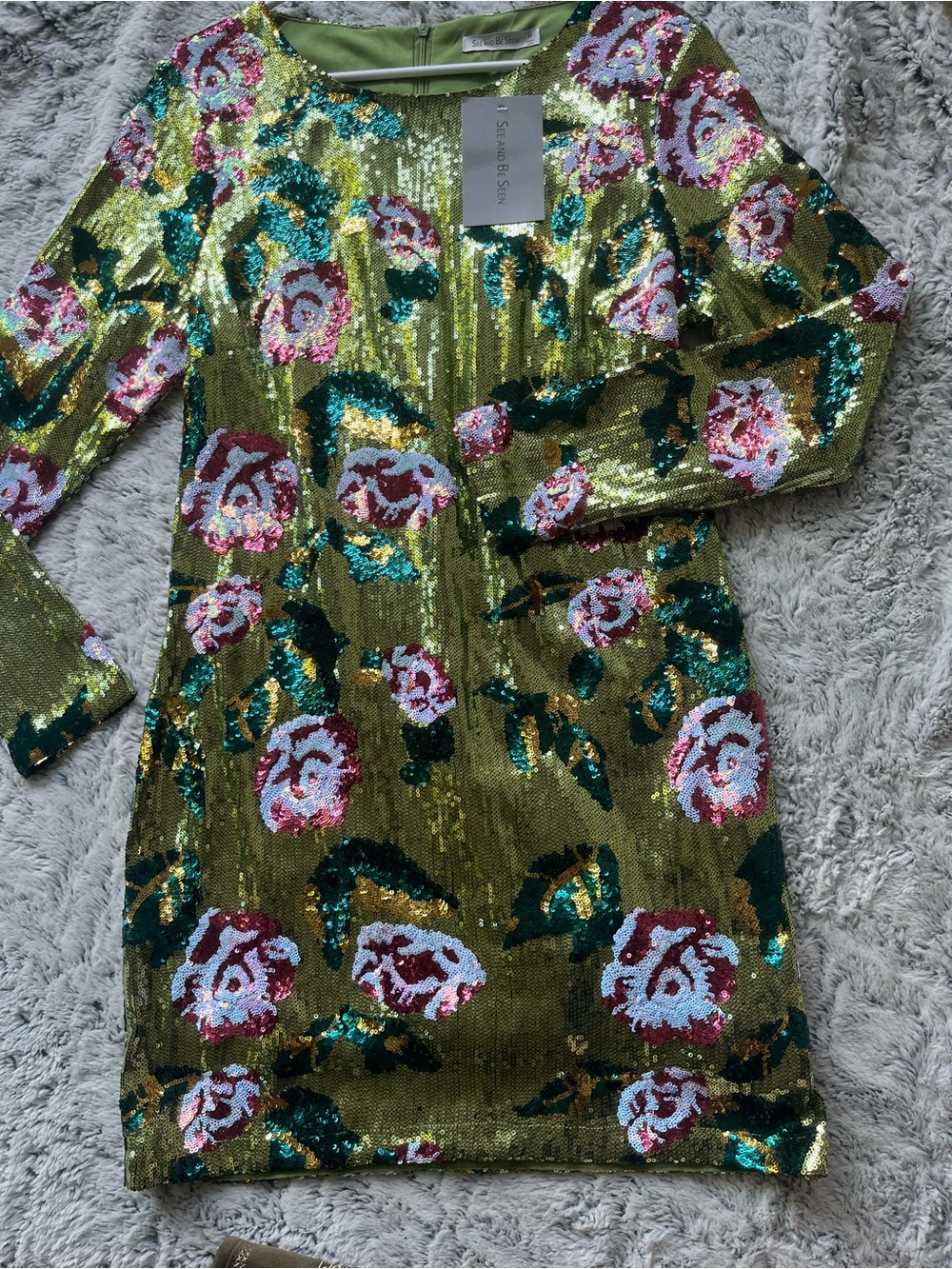 Sequin Floral Long Sleeve Party Dress in Olive Green by Saylor